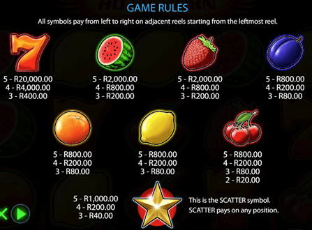 A simple 5 line machine with high paying symbols paying up to 1000X your bet.